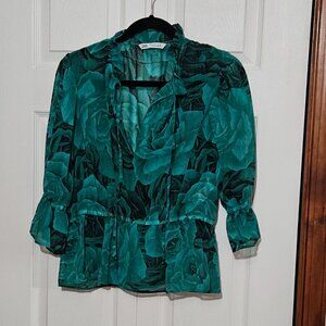 Ladies Zara Green & Black Sheer Rose Print Blouse Size Small
